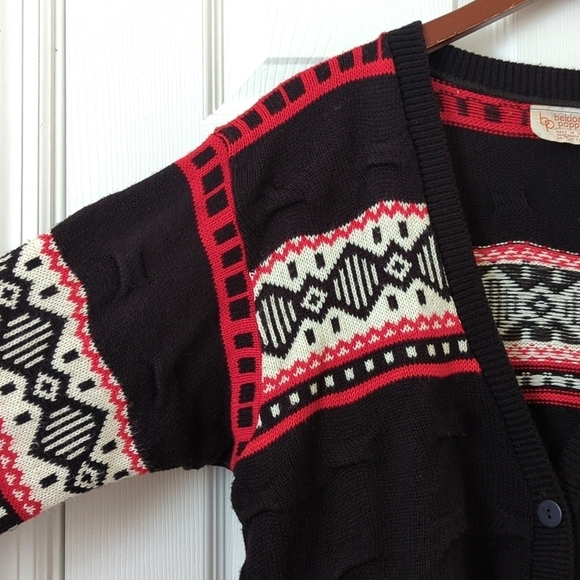Beldoch Popper 80's Vintage Fair Isle & Pinched Knit Cardigan Sweater Black L - Picture 3 of 9